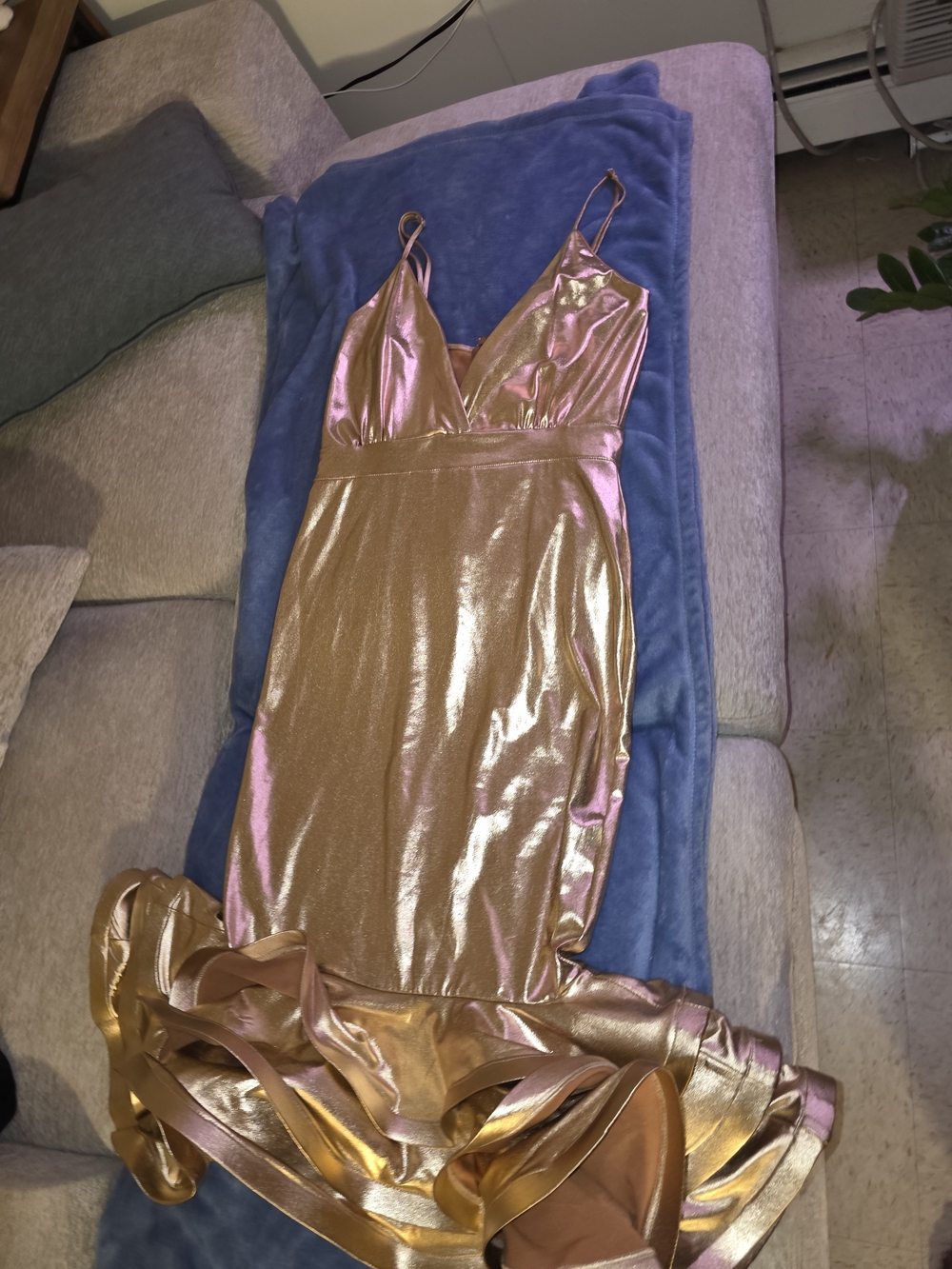 Fashion Nova Metallic Rose Gold Ruffle-Hem Slip Dress